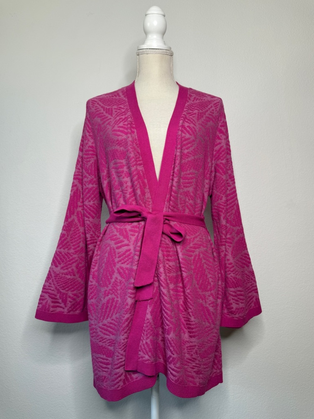 Soft Surroundings Kensley Palm Print Tie Waist Cardigan Pink Cotton Size L